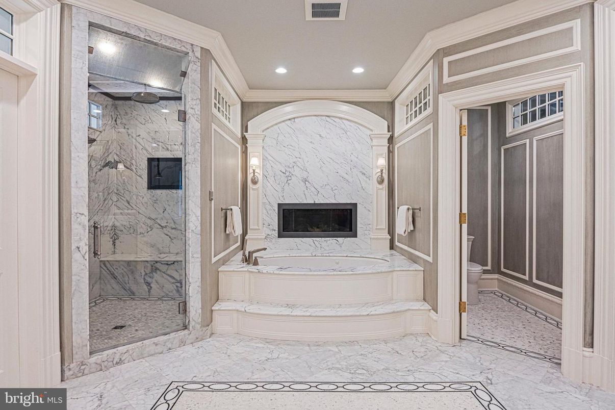Bathroom, Fireplace, Glass Shower, Interior, Marble, Marble Walls, Recessed Lighting