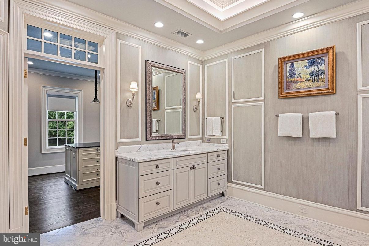 Bathroom, Dual Sink Vanities, Interior, Marble, Recessed Lighting, Wood Texture Flooring