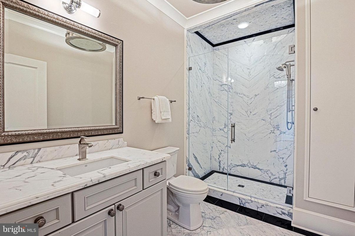 Bathroom, Glass Shower, Interior, Marble, Marble Walls, Recessed Lighting