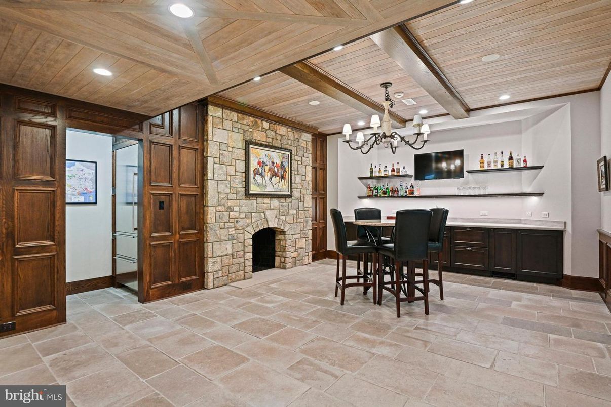 Chandelier, Fireplace, Interior, Recessed Lighting, Stone Walls, Wooden Beams, Wooden Ceilings