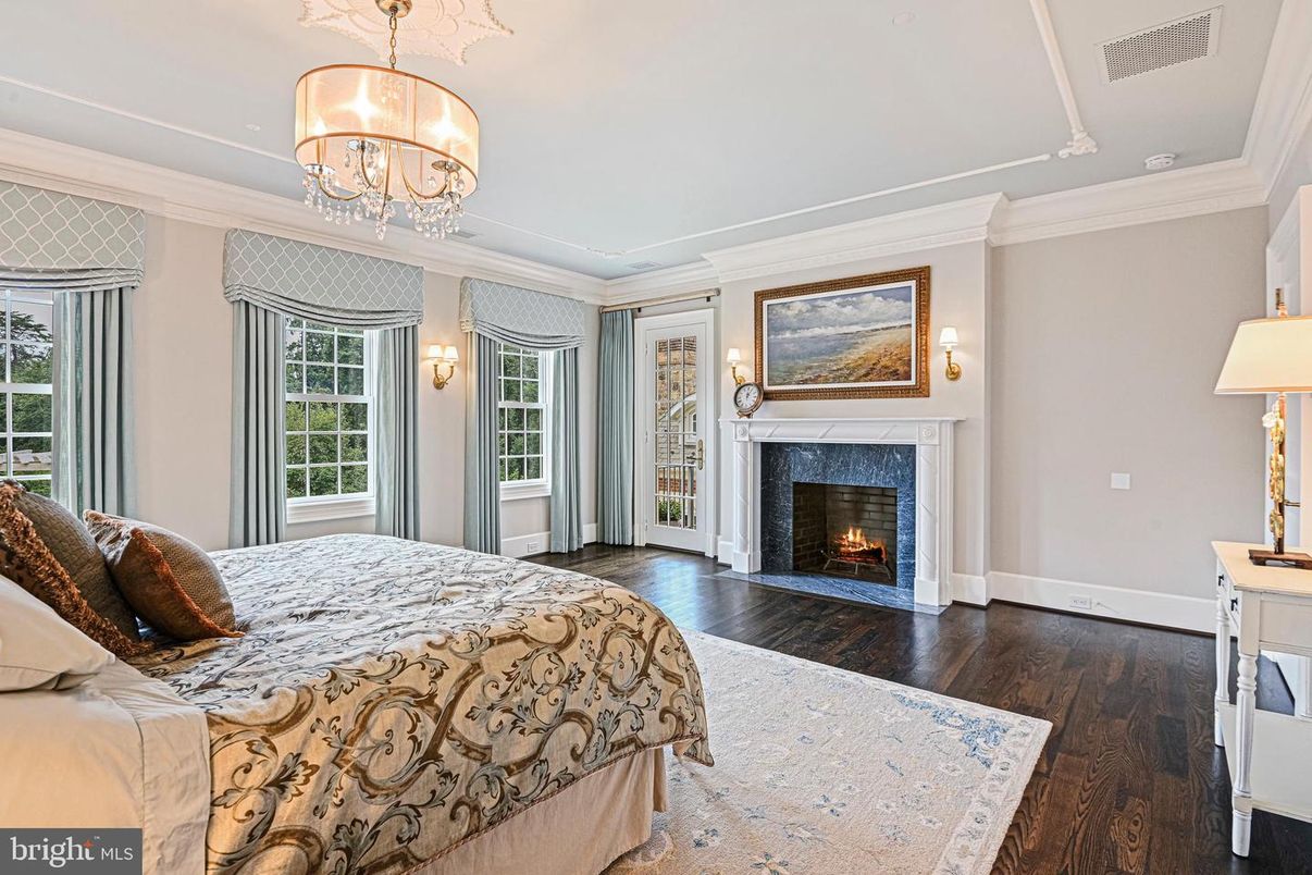 Bedroom, Chandelier, Fireplace, Interior, Wood Texture Flooring