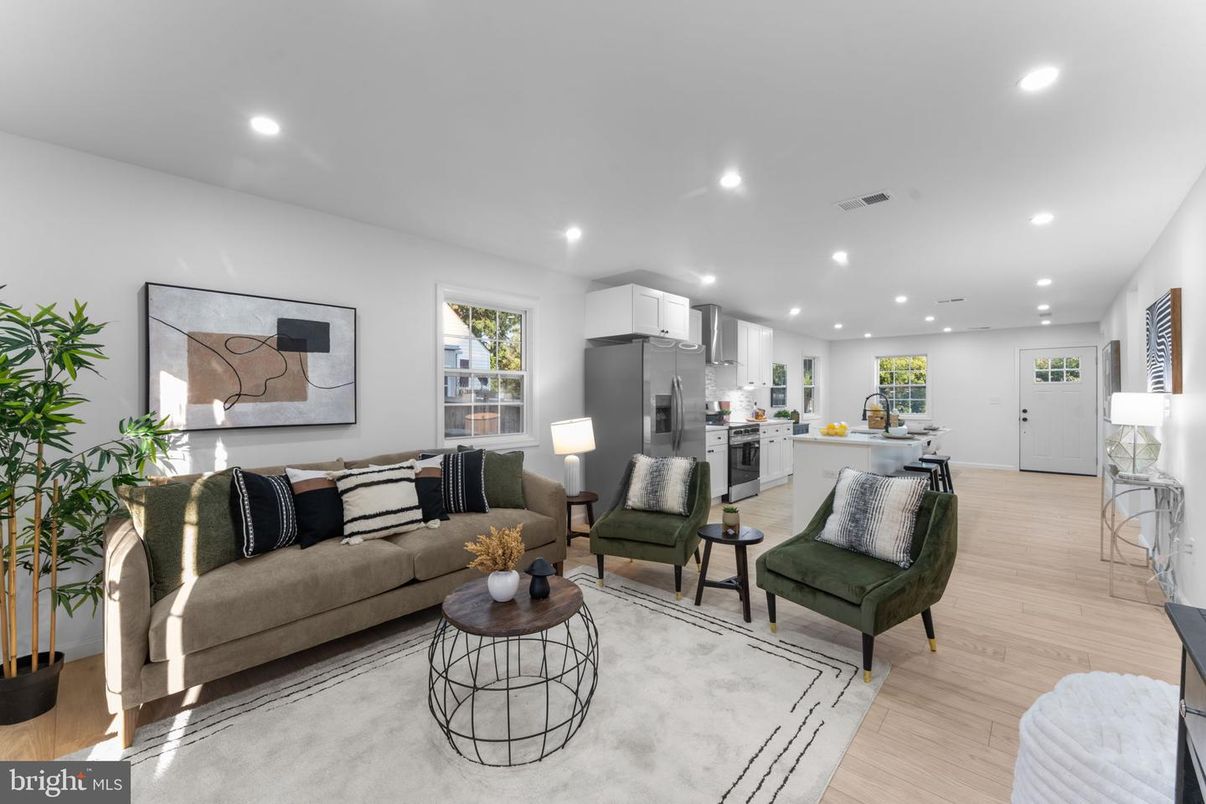 Interior, Kitchen, Living room, Recessed Lighting, Stainless Steel Appliances, Wood Texture Flooring