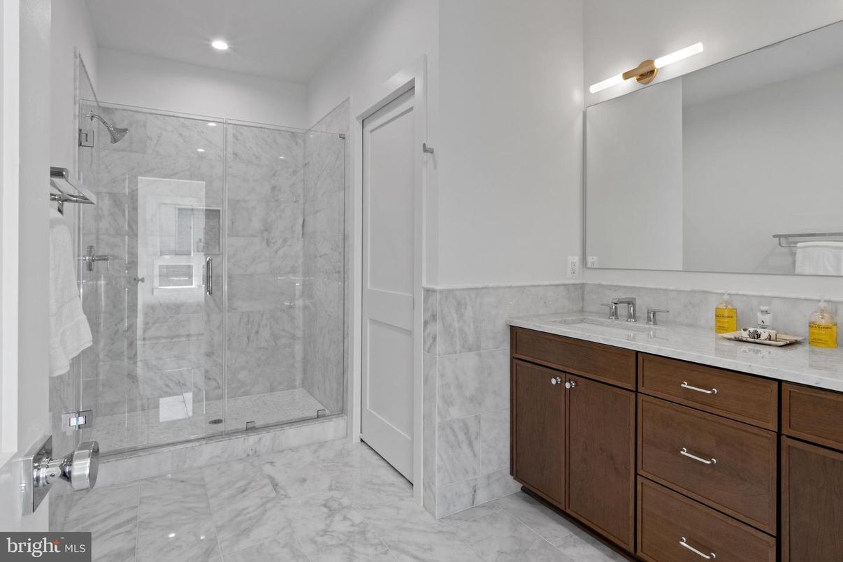 Bathroom, Glass Shower, Interior, Marble, Marble Walls, Recessed Lighting