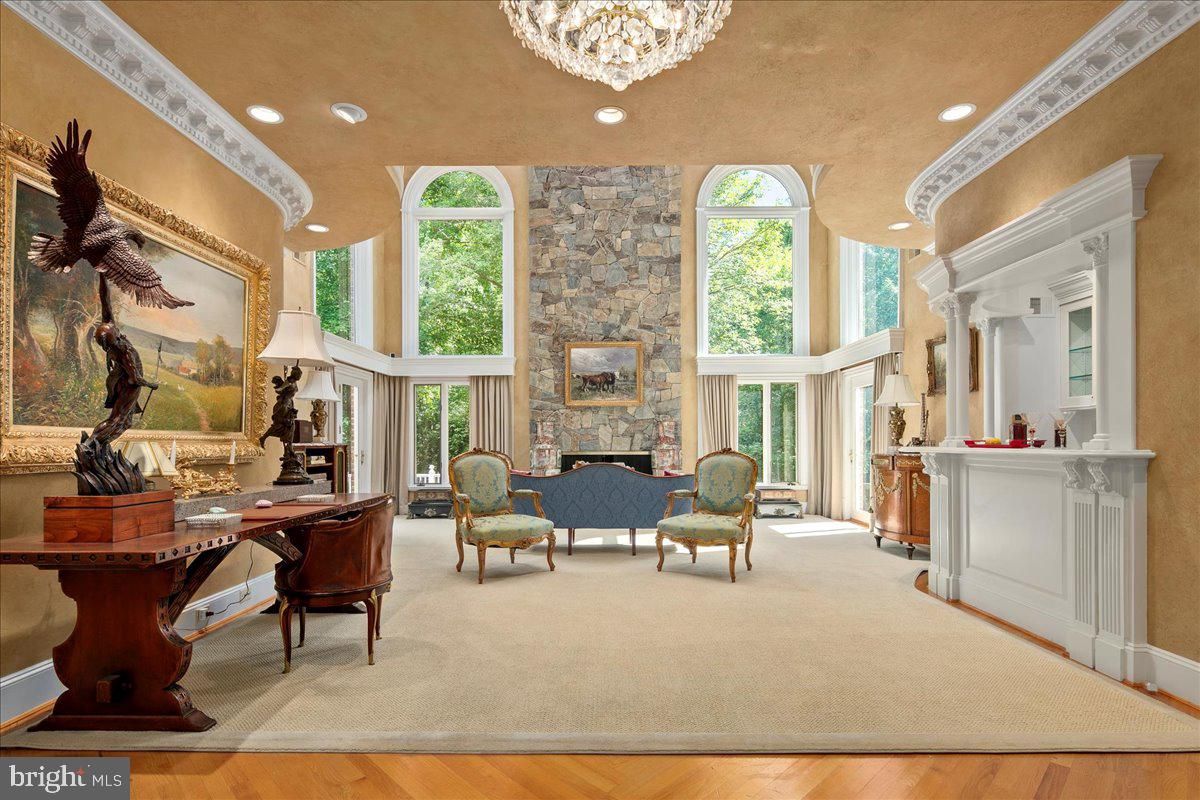 Chandelier, Fireplace, Home Office, Interior, Recessed Lighting, Stone Walls, Wood Texture Flooring