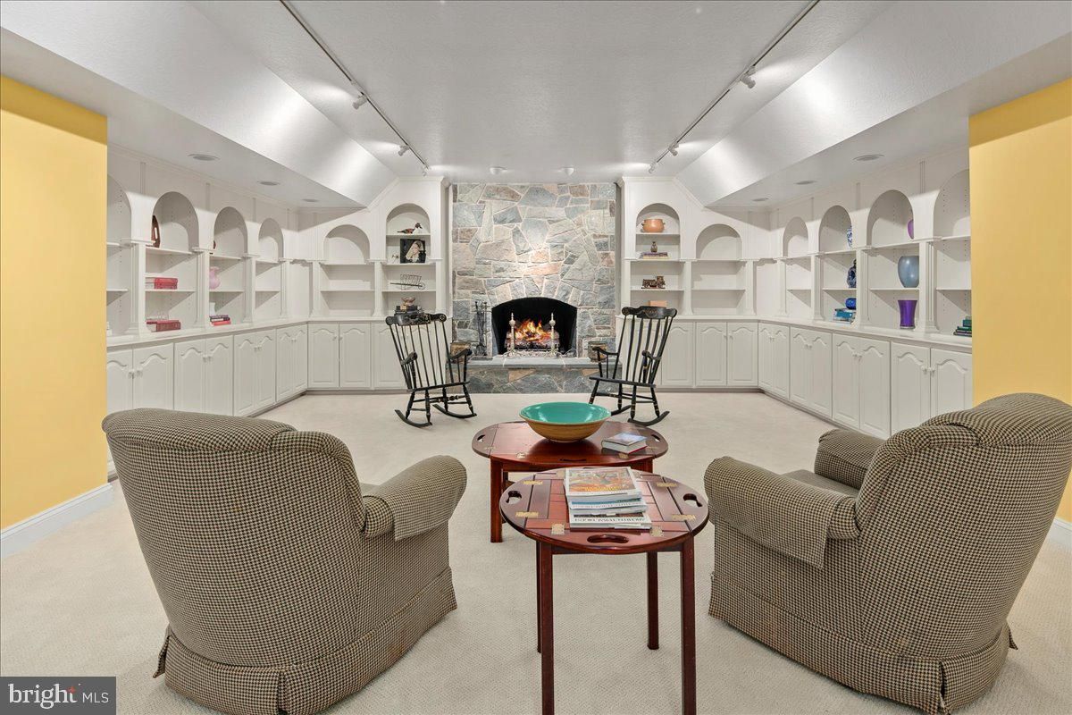 Fireplace, Interior, Living room, Recessed Lighting, Stone Walls