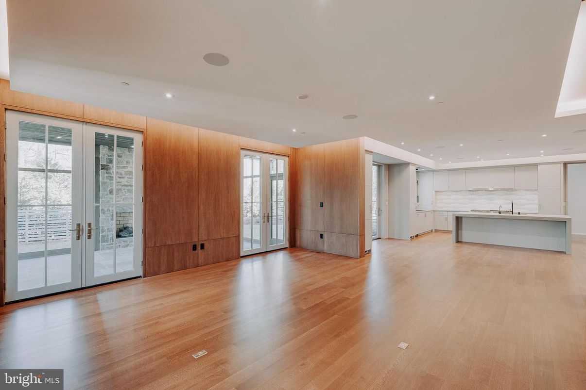 Empty room, Interior, Kitchen, Marble Walls, Recessed Lighting, Wood Texture Flooring