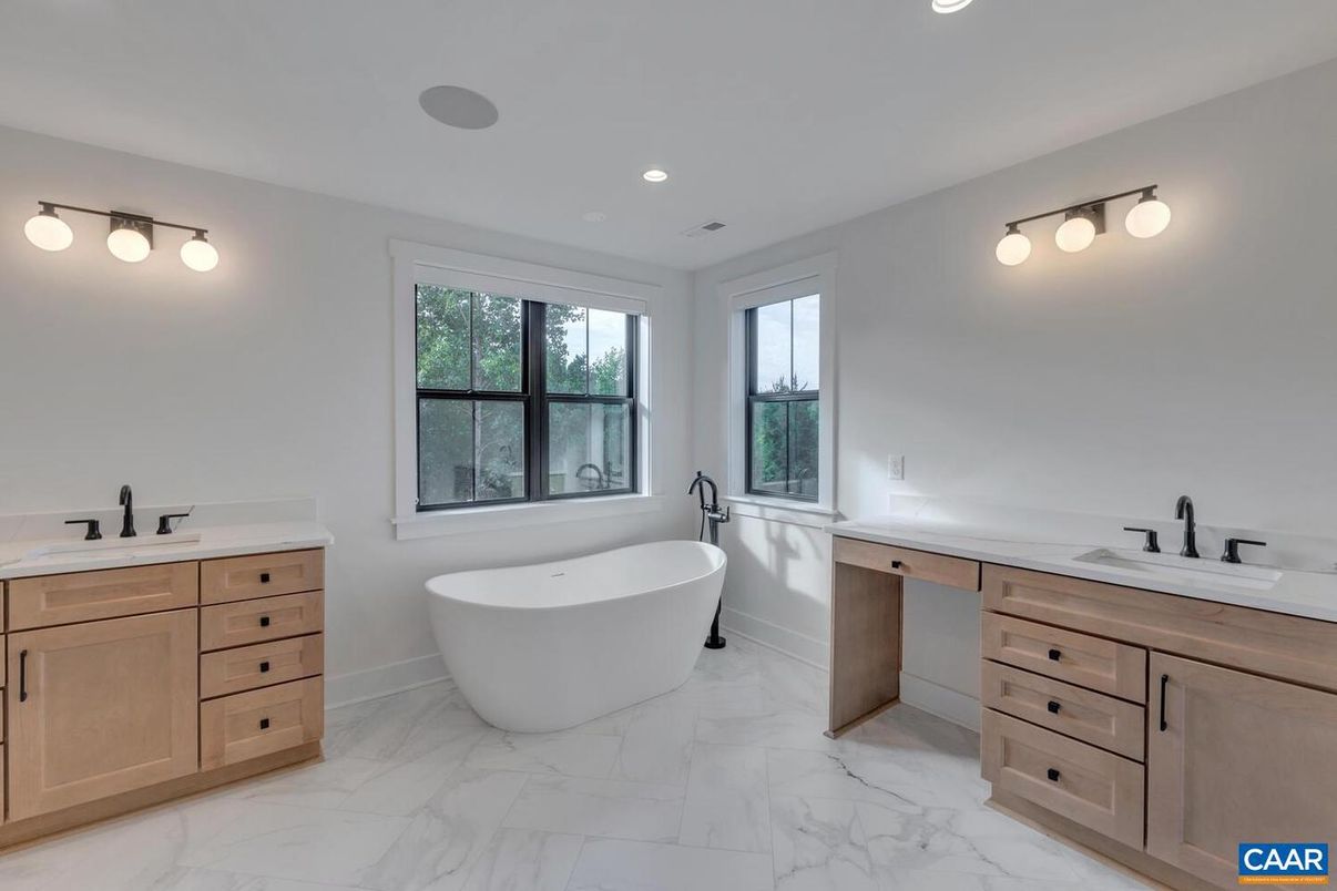Bathroom, Dual Sink Vanities, Free Standing Baths, Interior, Marble, Recessed Lighting