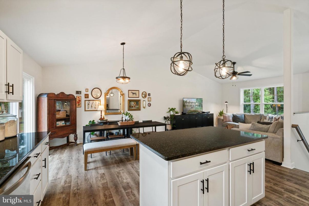 Dining room, Interior, Living room, Pendant Lights, Wood Texture Flooring