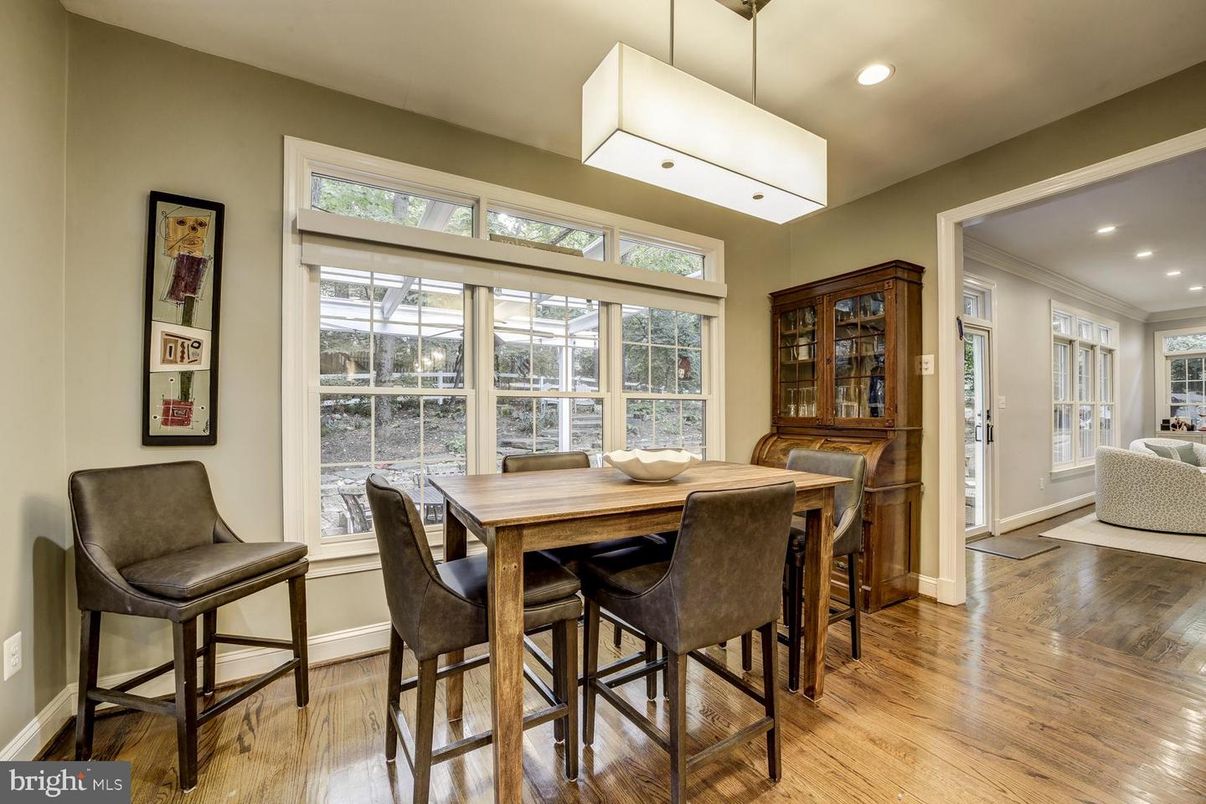 Dining room, Interior, Pendant Lights, Recessed Lighting, Wood Texture Flooring