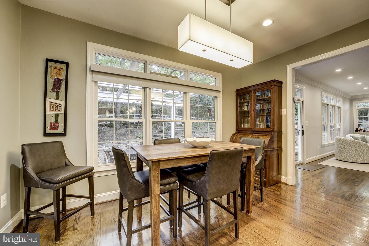 Dining room, Interior, Pendant Lights, Recessed Lighting, Wood Texture Flooring