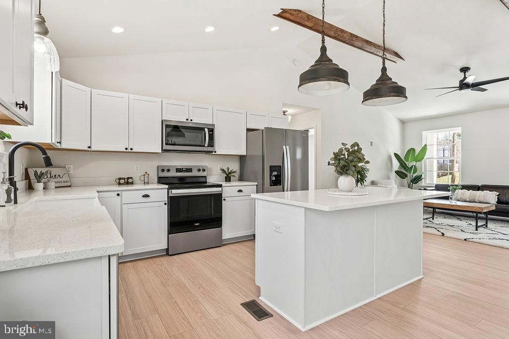 Interior, Kitchen, Pendant Lights, Recessed Lighting, Stainless Steel Appliances, Wood Texture Flooring