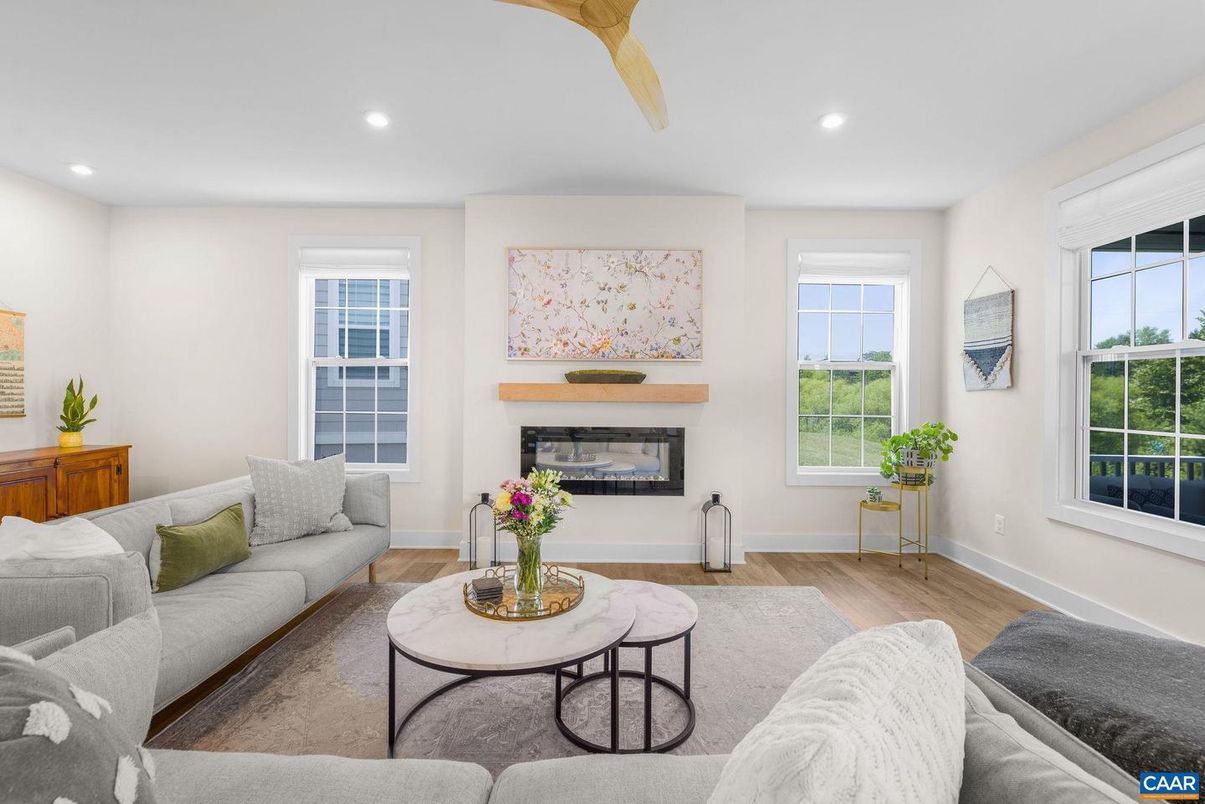 Fireplace, Interior, Living room, Recessed Lighting, Wood Texture Flooring