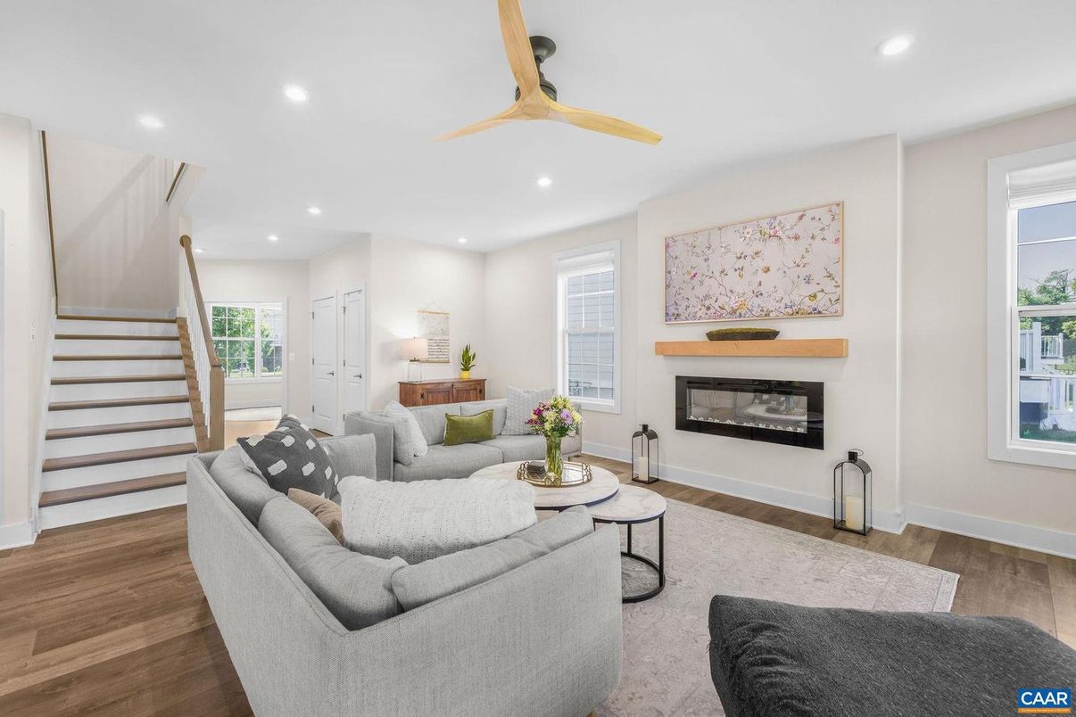 Fireplace, Interior, Living room, Recessed Lighting, Wood Texture Flooring