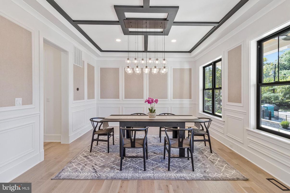 Dining room, Interior, Pendant Lights, Recessed Lighting, Wooden Beams, Wood Texture Flooring