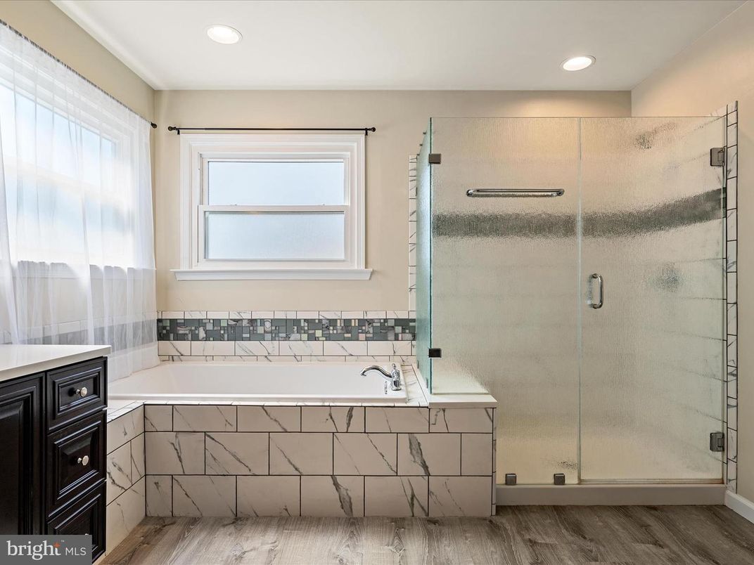 Bathroom, Glass Shower, Interior, Recessed Lighting, Wood Texture Flooring