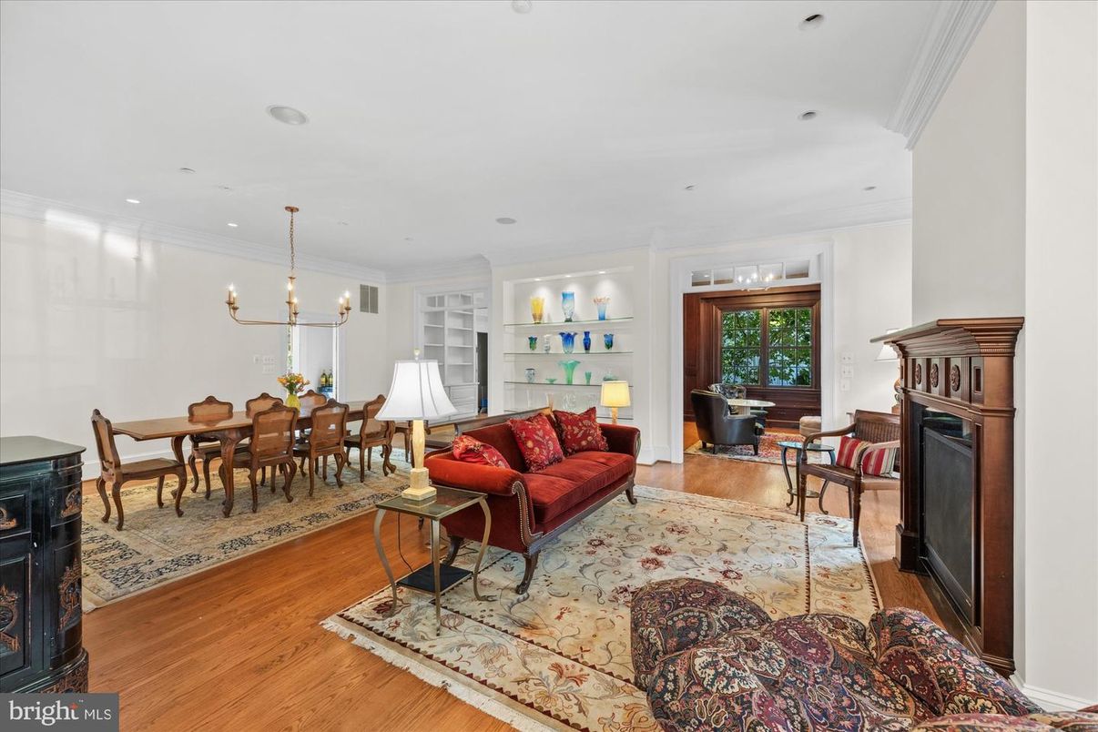 Dining room, Fireplace, Interior, Living room, Pendant Lights, Recessed Lighting, Wood Texture Flooring