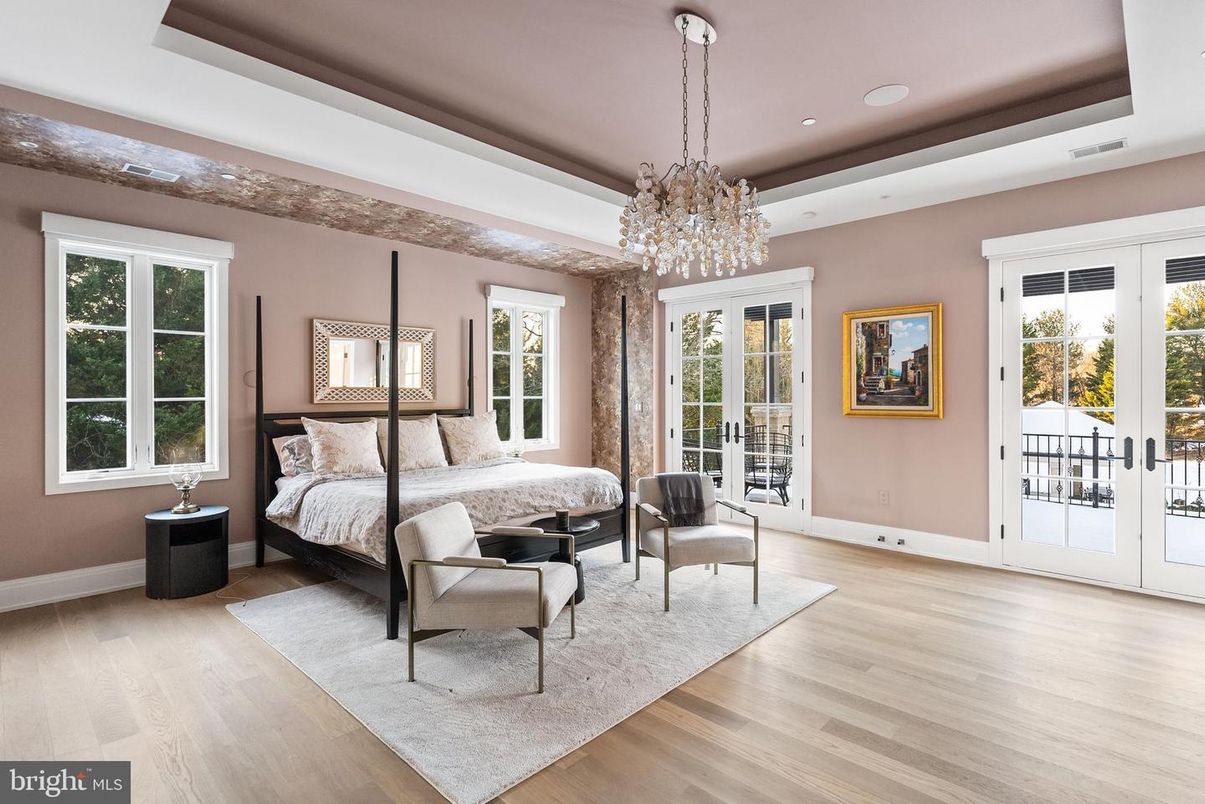 Bedroom, Chandelier, Interior, Recessed Lighting, Wood Texture Flooring