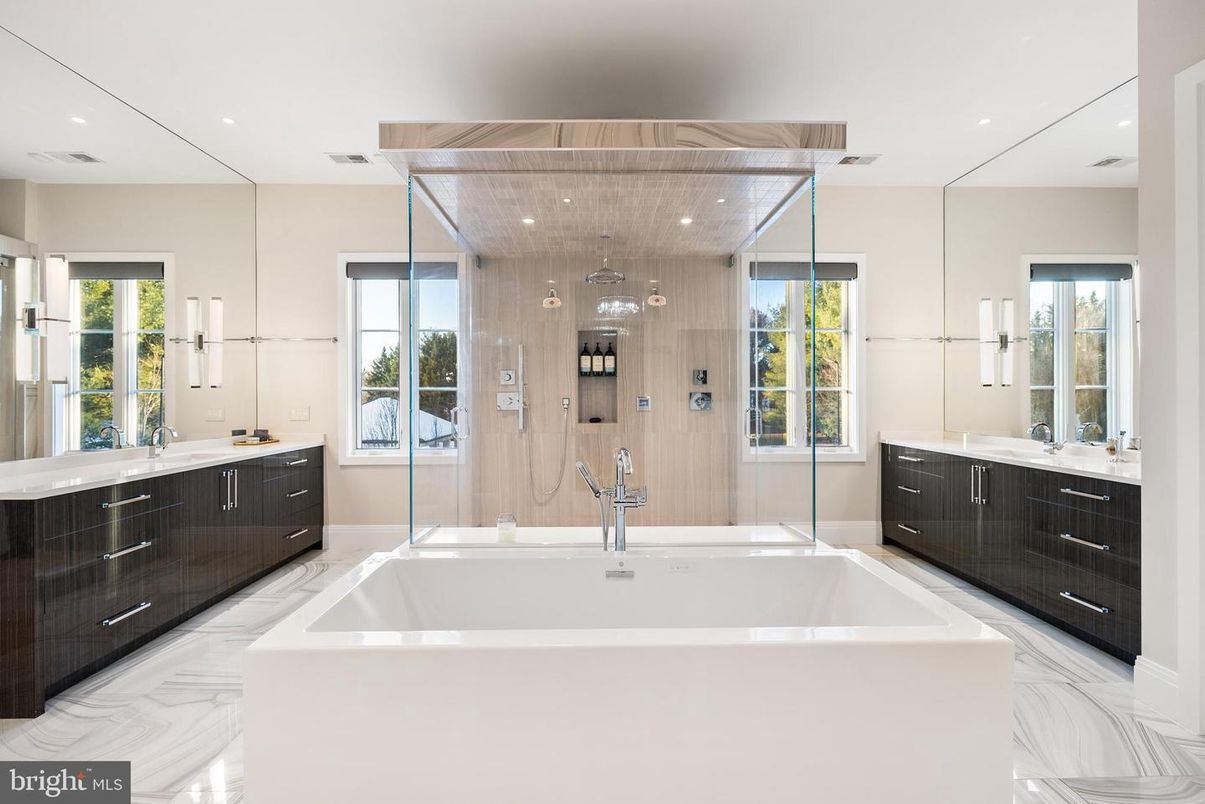 Bathroom, Glass Shower, Interior, Marble, Recessed Lighting