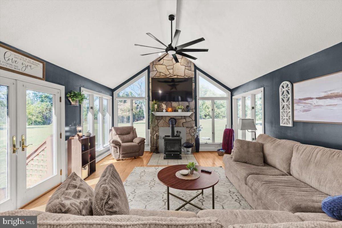 Fireplace, Interior, Living room, Sun Room, Wood Texture Flooring