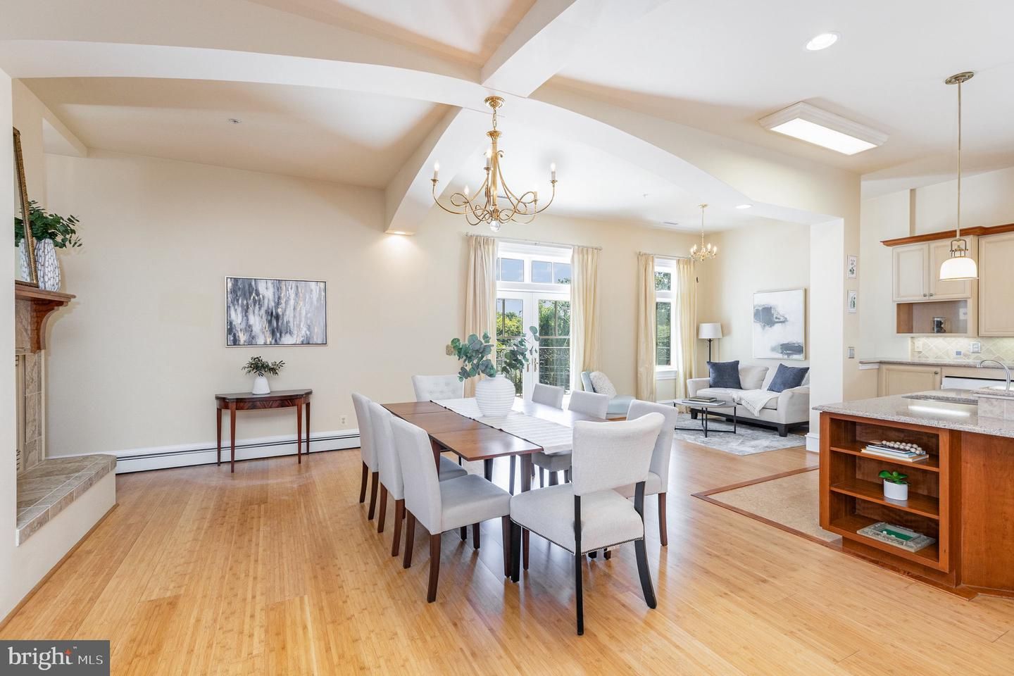 Chandelier, Dining room, Interior, Kitchen, Living room, Pendant Lights, Recessed Lighting, Wood Texture Flooring