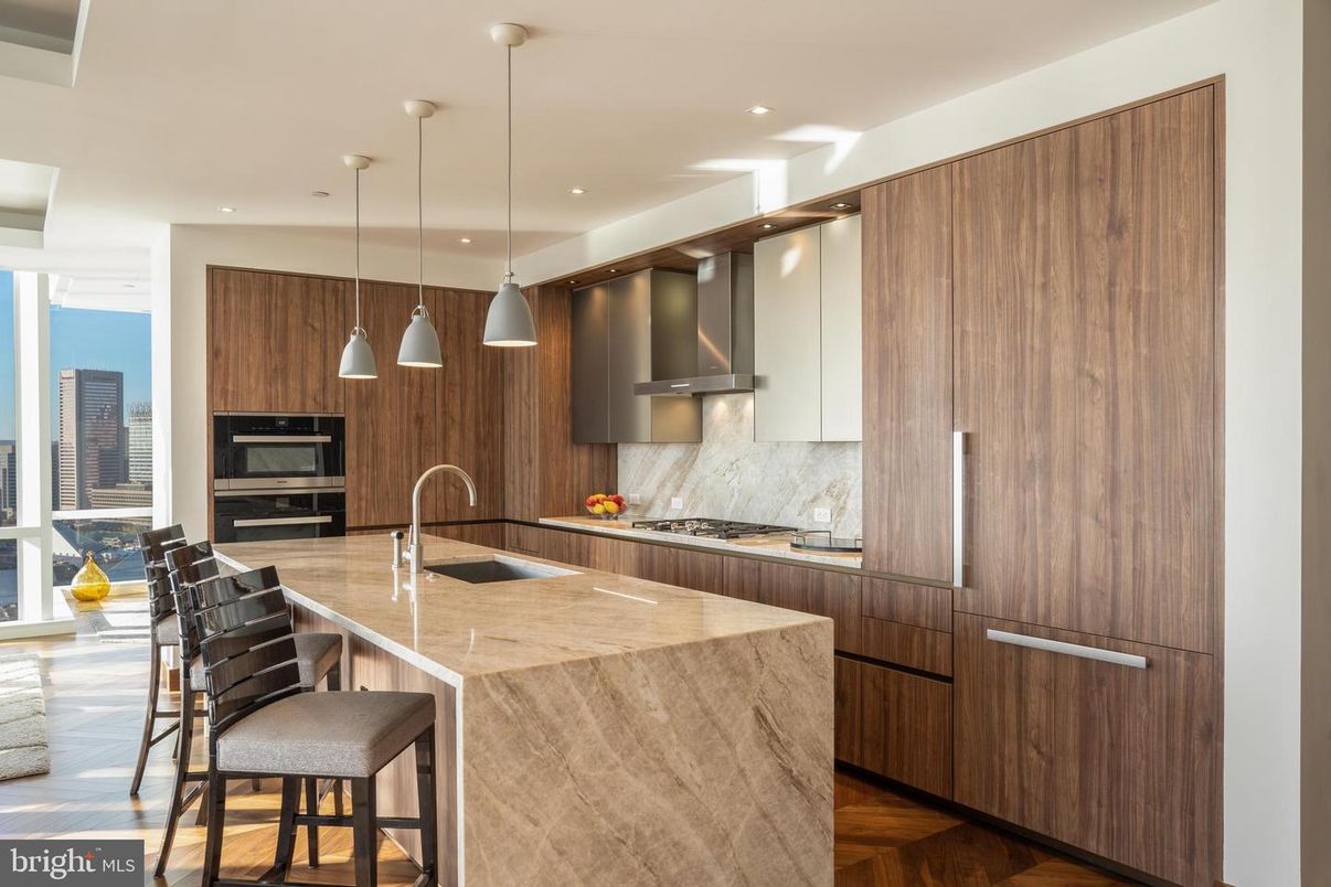 Interior, Kitchen, Pendant Lights, Recessed Lighting, Stainless Steel Appliances, Wood Texture Flooring