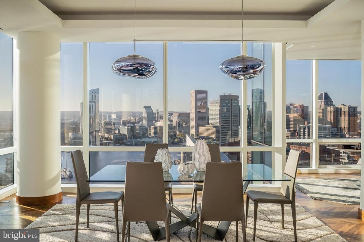 Dining room, Interior, Pendant Lights, Wood Texture Flooring, Skyline