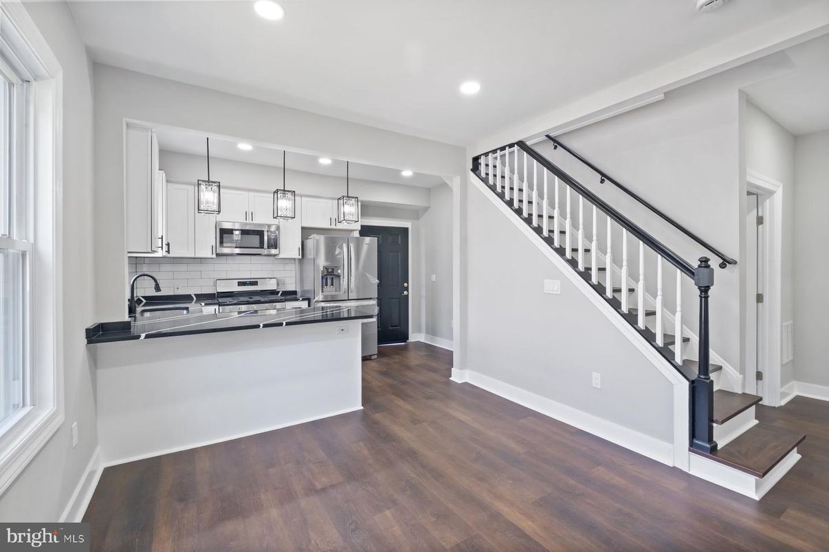 Interior, Kitchen, Pendant Lights, Recessed Lighting, Stainless Steel Appliances, Wood Texture Flooring