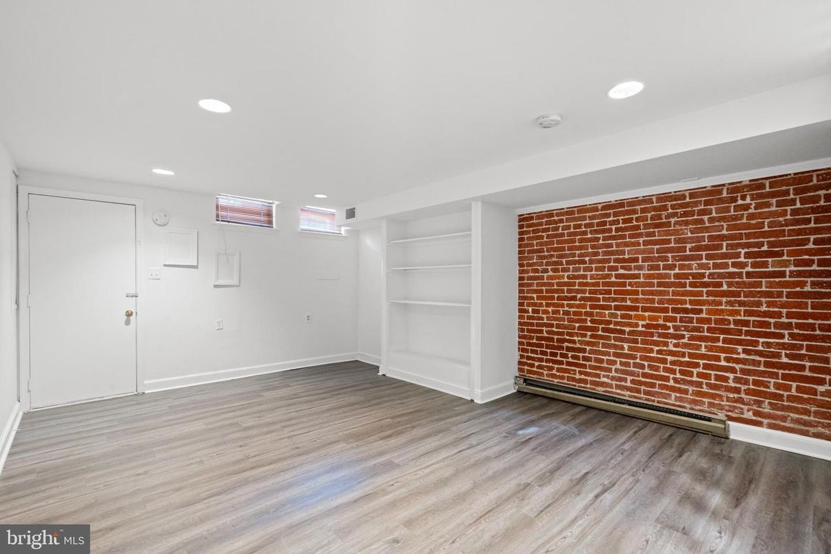 Empty room, Interior, Recessed Lighting, Stone Walls, Wood Texture Flooring
