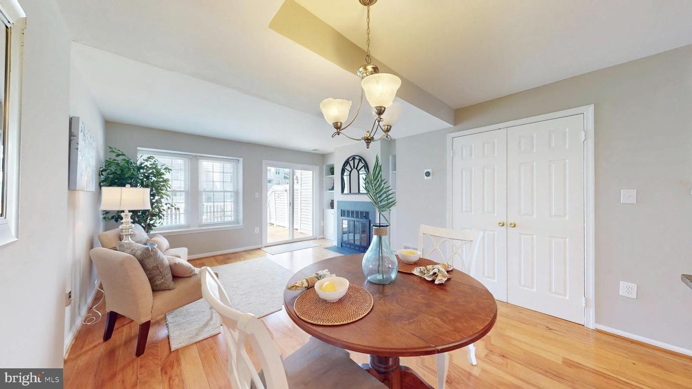Dining room, Fireplace, Interior, Pendant Lights, Wood Texture Flooring