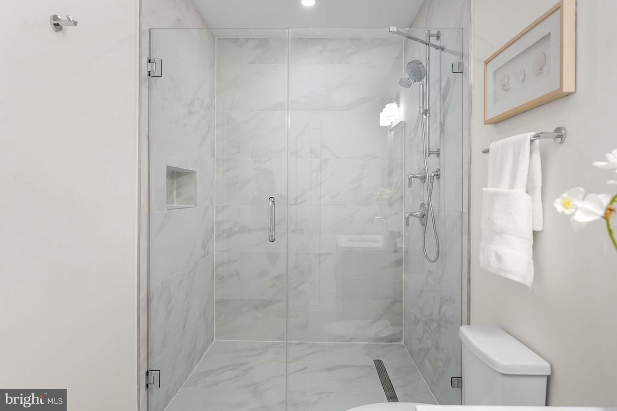 Bathroom, Glass Shower, Interior, Marble, Marble Walls, Recessed Lighting