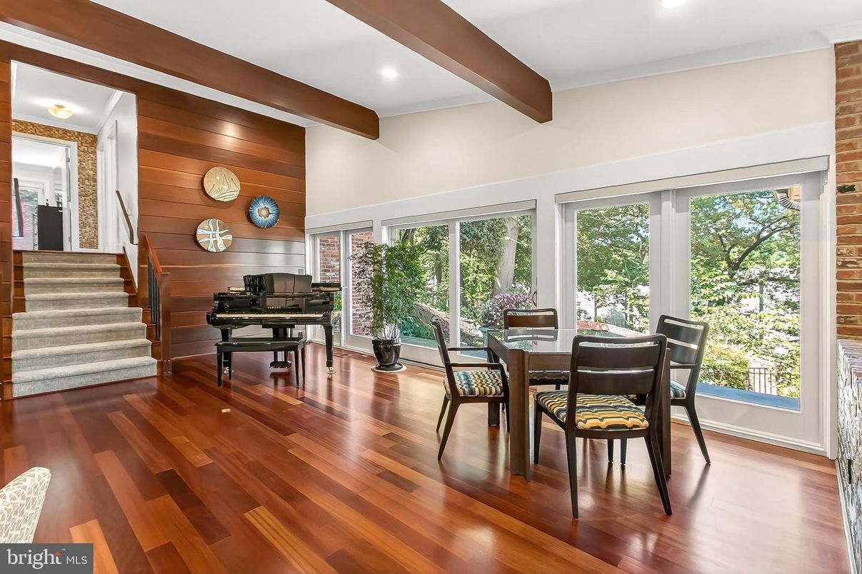 Dining room, Interior, Piano, Recessed Lighting, Stone Walls, Wooden Beams, Wood Texture Flooring