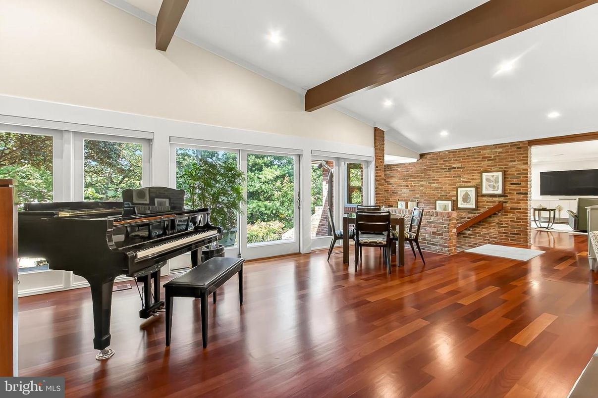 Dining room, Interior, Piano, Recessed Lighting, Stone Walls, Wooden Beams, Wood Texture Flooring