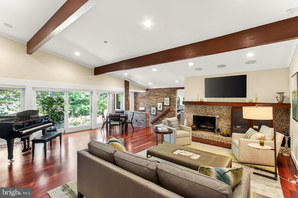 Dining room, Fireplace, Interior, Living room, Piano, Recessed Lighting, Stone Walls, Wooden Beams, Wood Texture Flooring