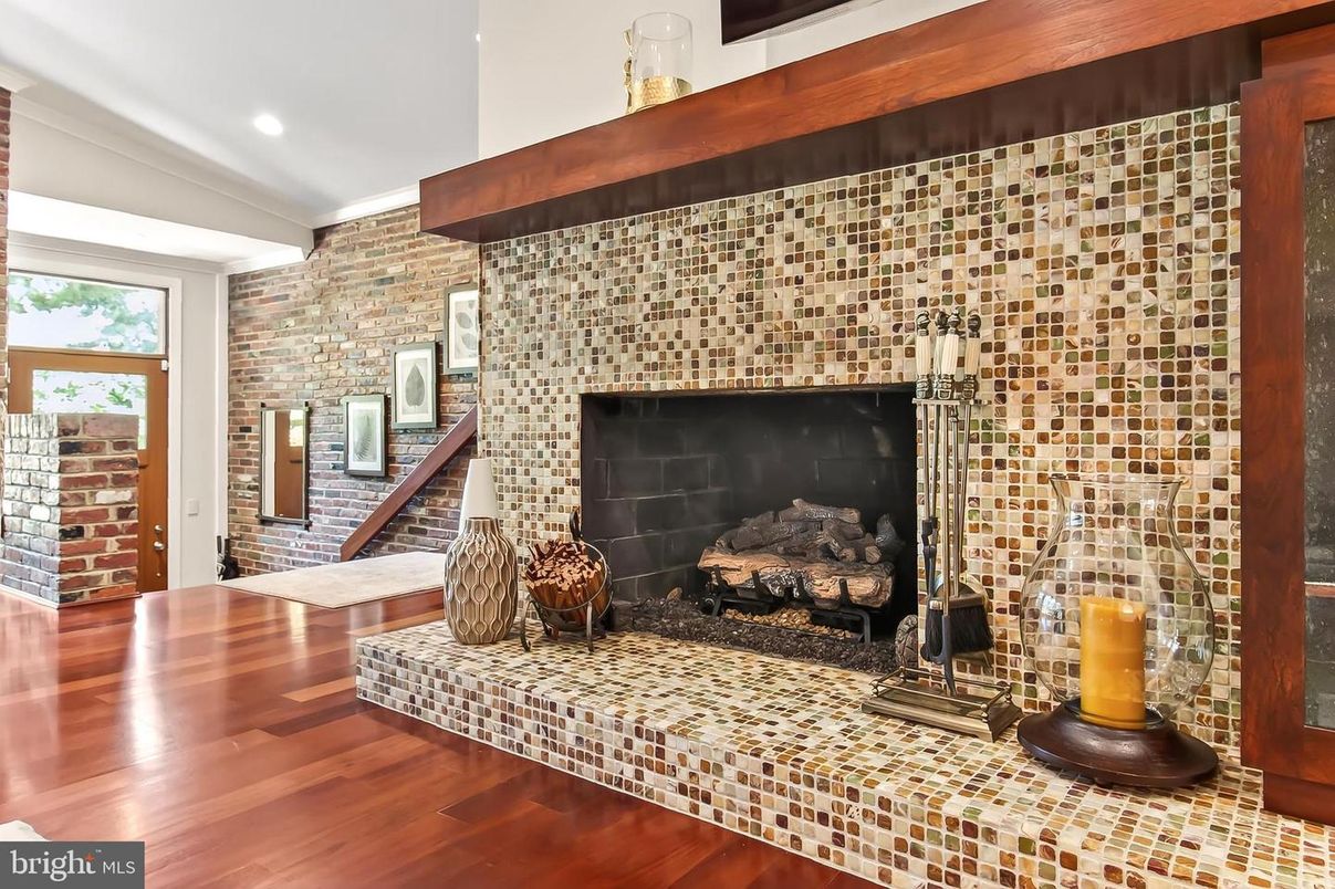 Fireplace, Interior, Recessed Lighting, Stone Walls, Wood Texture Flooring