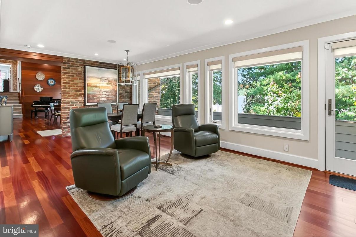 Chandelier, Dining room, Interior, Pendant Lights, Recessed Lighting, Stone Walls, Wood Texture Flooring