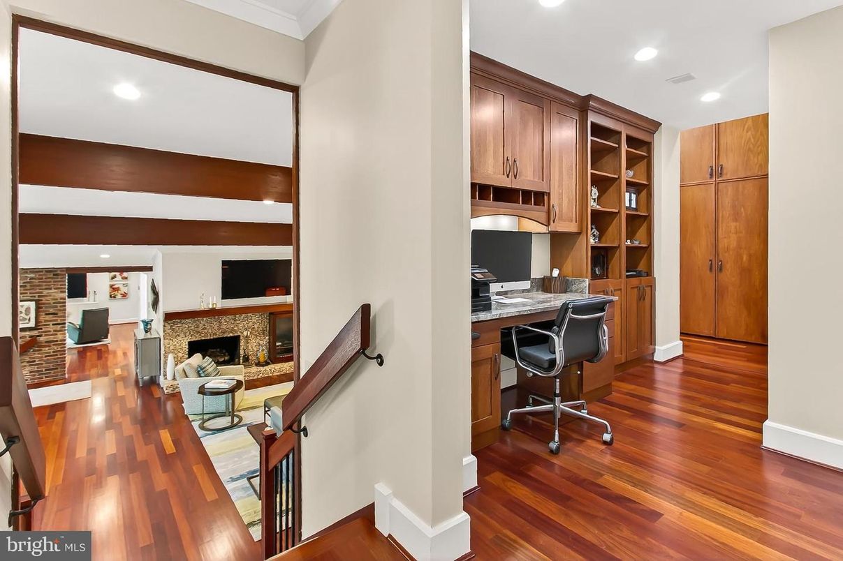 Fireplace, Home Office, Interior, Recessed Lighting, Wood Texture Flooring