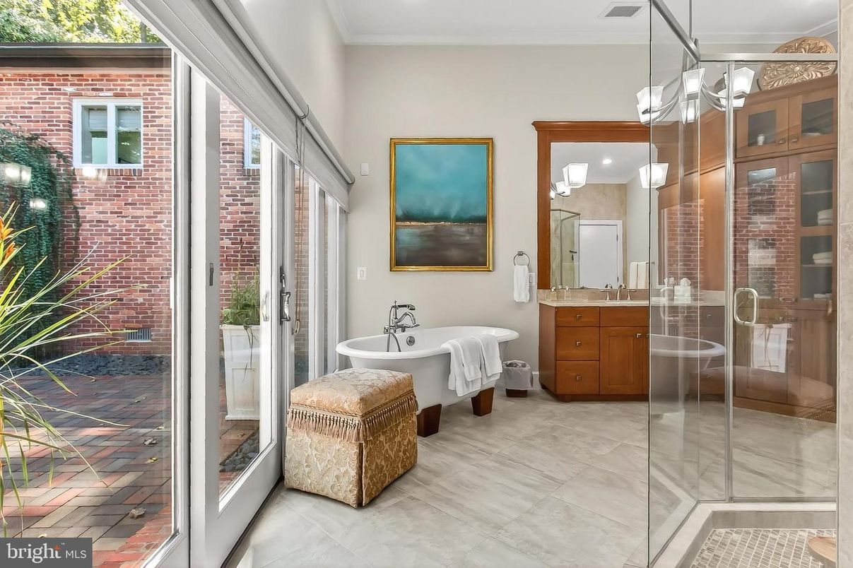 Bathroom, Free Standing Baths, Glass Shower, Interior, Recessed Lighting