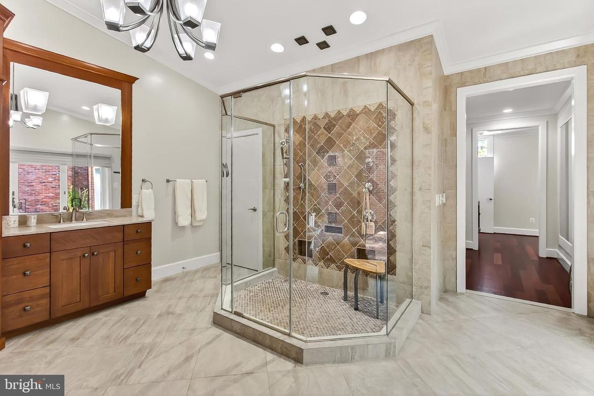 Bathroom, Glass Shower, Interior, Marble, Recessed Lighting, Wood Texture Flooring