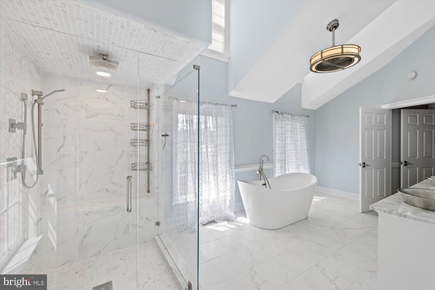 Bathroom, Free Standing Baths, Glass Shower, Interior, Marble, Marble Walls, Pendant Lights