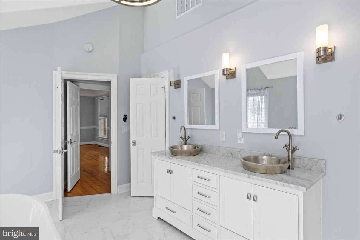Bathroom, Dual Sink Vanities, Interior, Marble, Wood Texture Flooring
