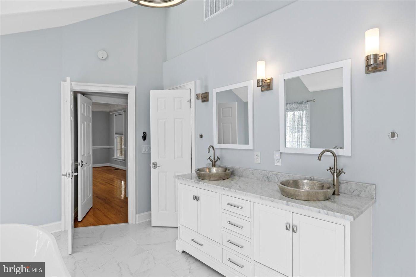 Bathroom, Dual Sink Vanities, Interior, Marble, Wood Texture Flooring