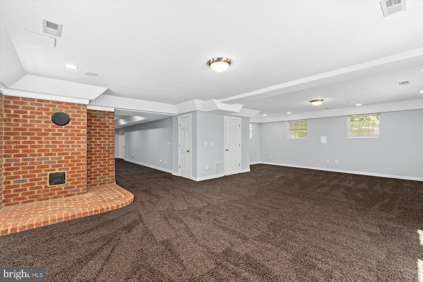 Empty room, Fireplace, Interior, Recessed Lighting, Stone Walls