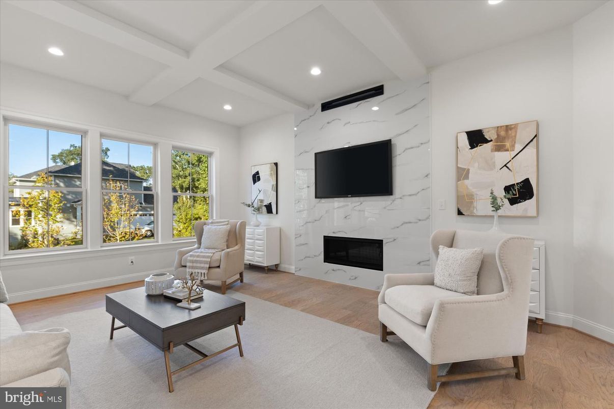 Fireplace, Interior, Living room, Marble Walls, Recessed Lighting, Wood Texture Flooring