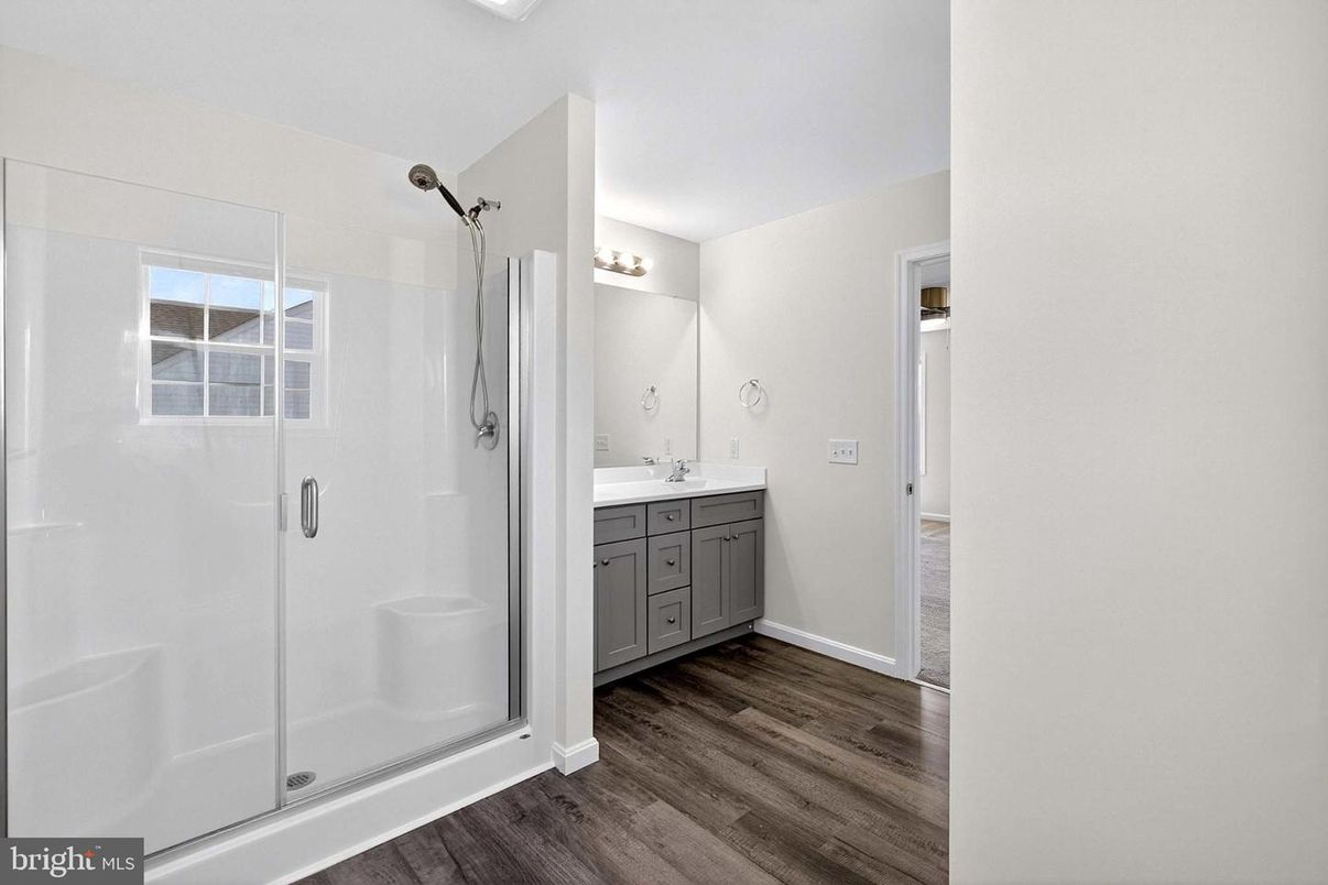 Bathroom, Glass Shower, Interior, Wood Texture Flooring