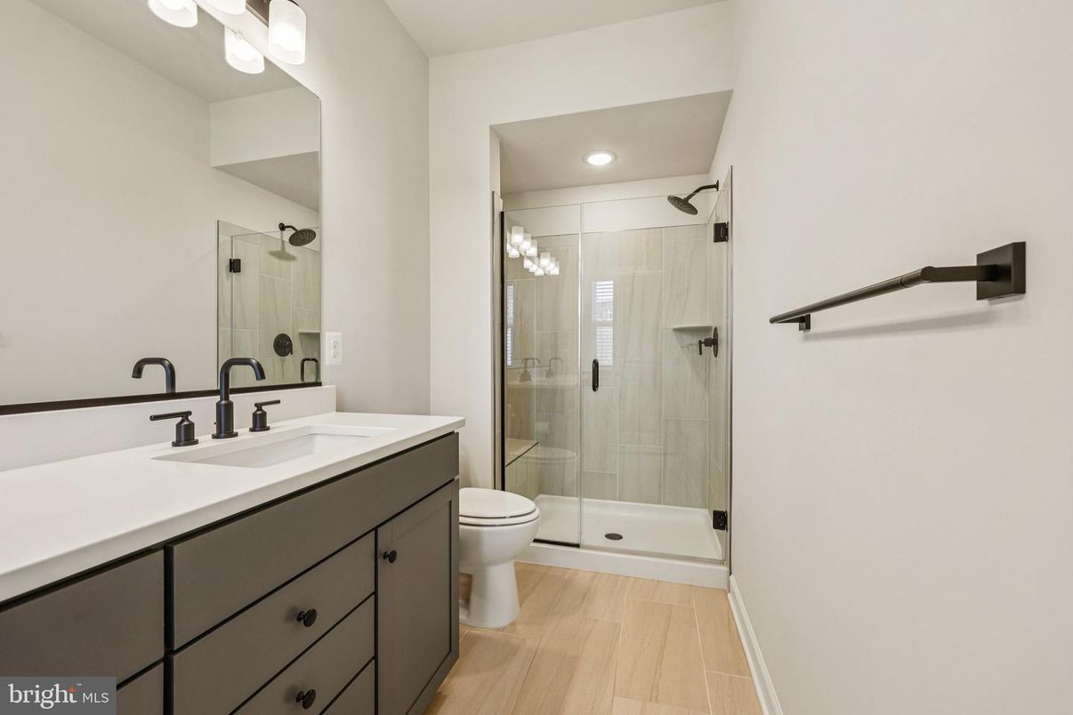 Bathroom, Glass Shower, Interior, Recessed Lighting, Wood Texture Flooring