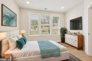 Bedroom, Interior, Recessed Lighting, Wood Texture Flooring