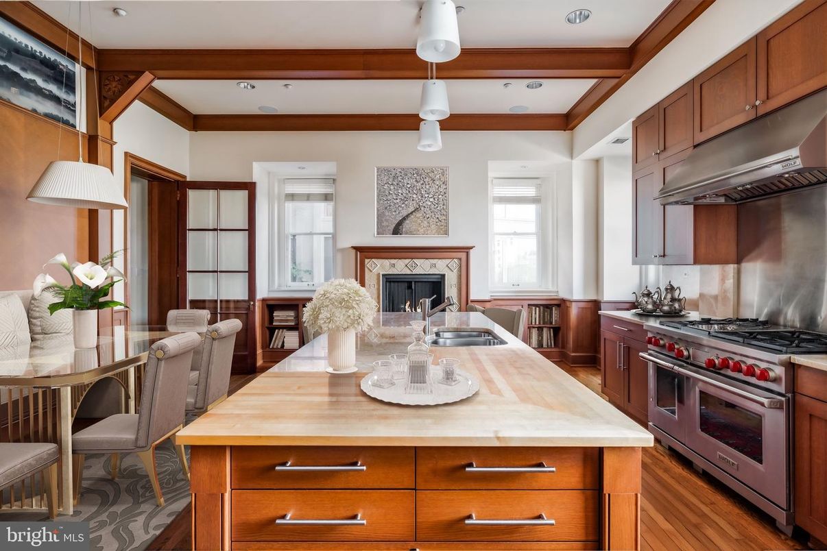 Fireplace, Interior, Kitchen, Pendant Lights, Recessed Lighting, Stainless Steel Appliances, Wooden Beams, Wood Texture Flooring