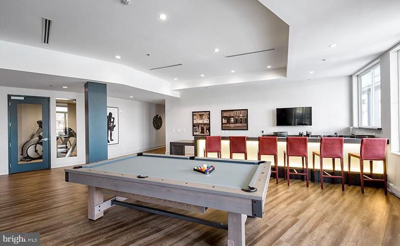 Billiard Table, Game Room, Interior, Recessed Lighting, Wood Texture Flooring
