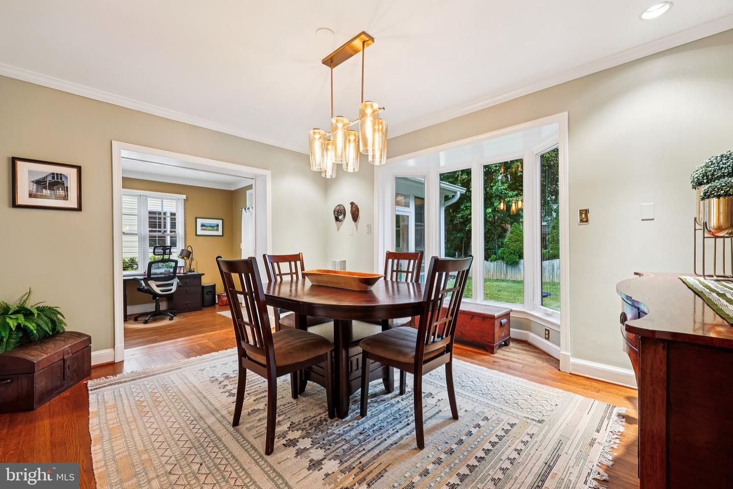 Dining room, Interior, Pendant Lights, Recessed Lighting, Wood Texture Flooring