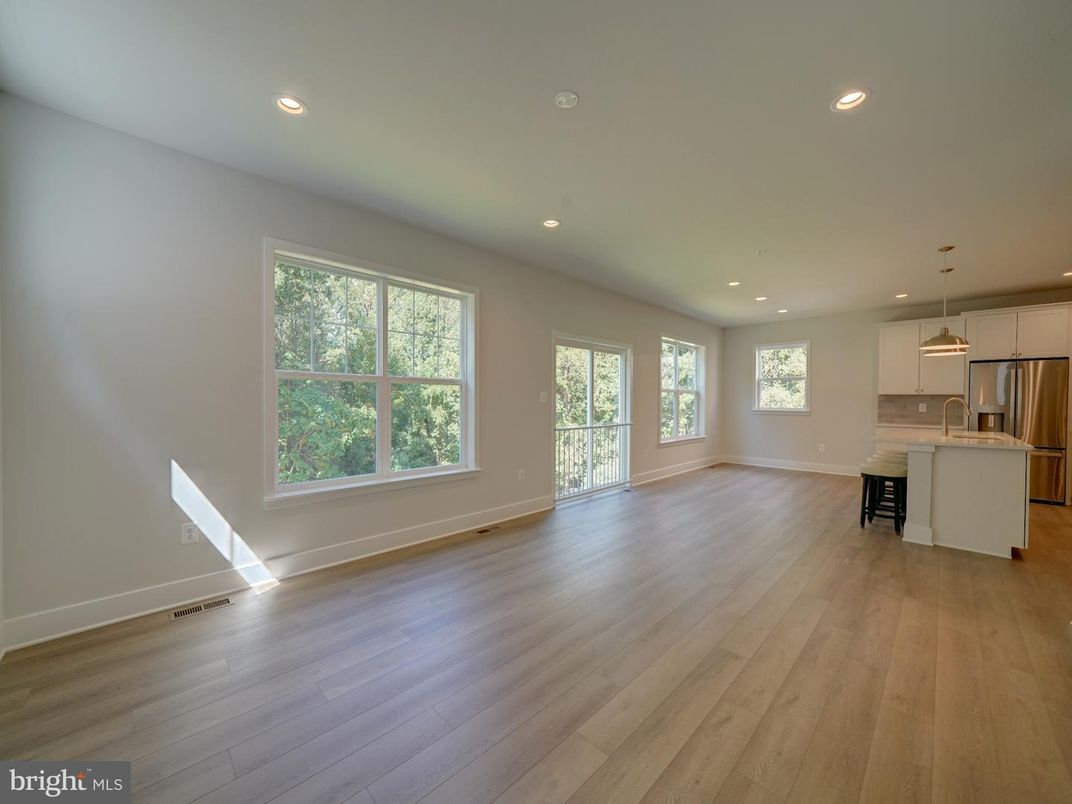 Empty room, Interior, Kitchen, Pendant Lights, Recessed Lighting, Wood Texture Flooring